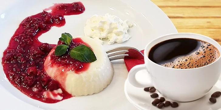 Dvě parádní cappuccina nebo kávy a dezerty panna cotta