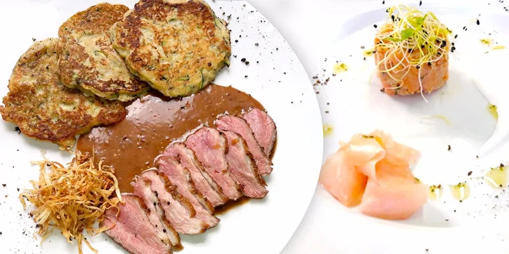 Grilované kachní prso, tataráček z uzeného lososa i božská panna cotta pro dva