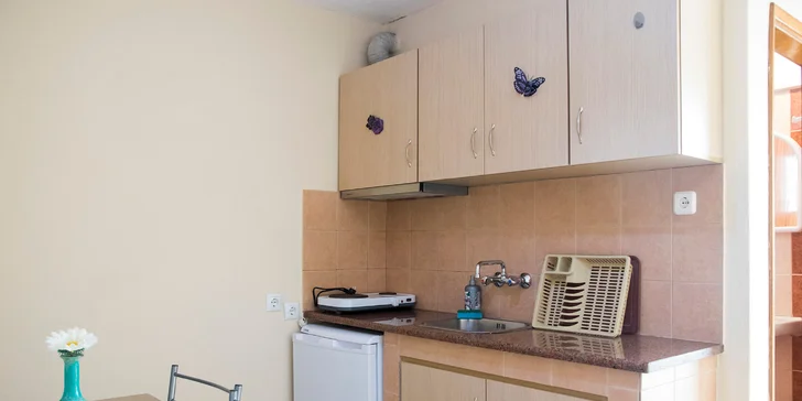 V každém studiu je kuchyňský kout se základním vybavením a lednicí.