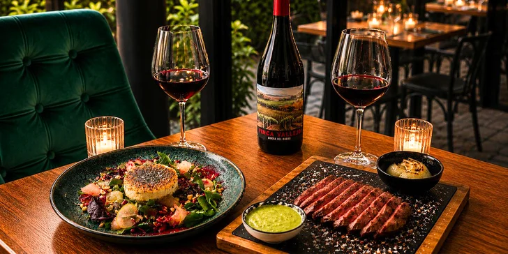 Romantická večera: steak, tuniak alebo grilovaný ovčí syr pre 2 osoby s výberom vína