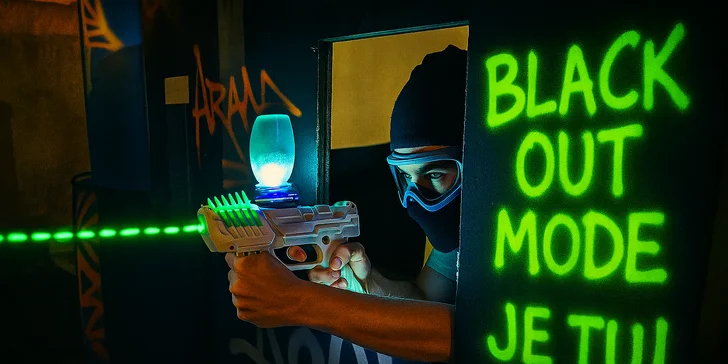 NOVINKA! Vďaka BLACKOUT MODE budeš hrať v tme so svietiacimi nábojmi a v režime full auto! Doplatok za hráča je 1€ na recepcii.