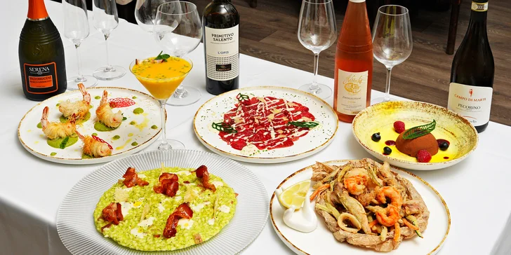 3chodové menu pro dva i vinné párování: hovězí carpaccio, krevety i sorbet