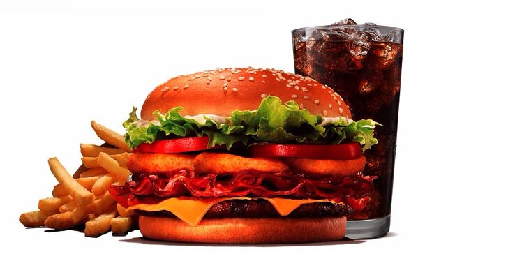 Texas whopper burger, střední hranolky a bezedný kelímek v Burger Kingu