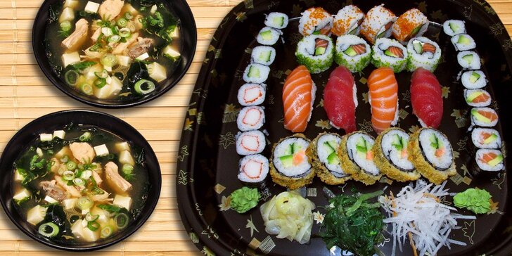 Dvě polévky miso a famózní japonský sushi set