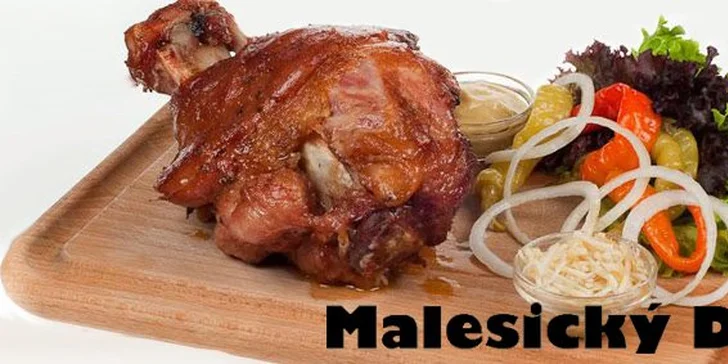89 Kč za pečené vepřové koleno se zelným salátem, hořčicí, křenem a pečivem v Malesickém Dvoře. Zasportujte si a pochutnejte s 53% slevou!