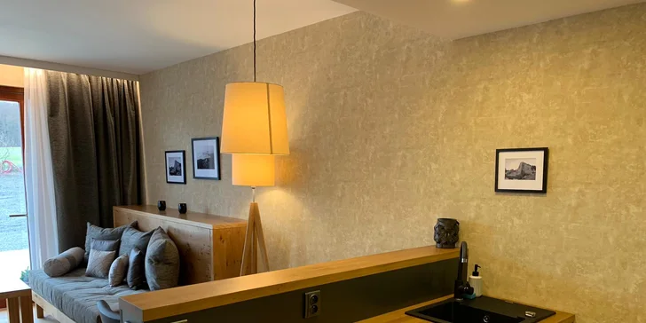 Na prízemí apartmánu je obývacia časť a kuchyňa, v podkroví spálňa.