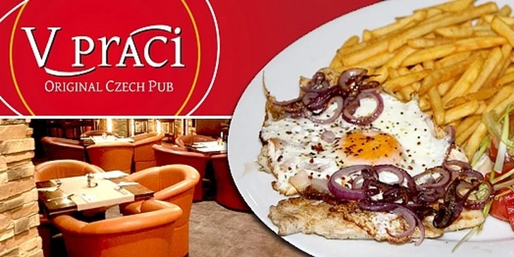 150g kuřecí steak s volským okem a hranolky V Práci