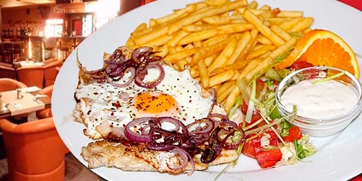 150g kuřecí steak s volským okem a hranolky V Práci