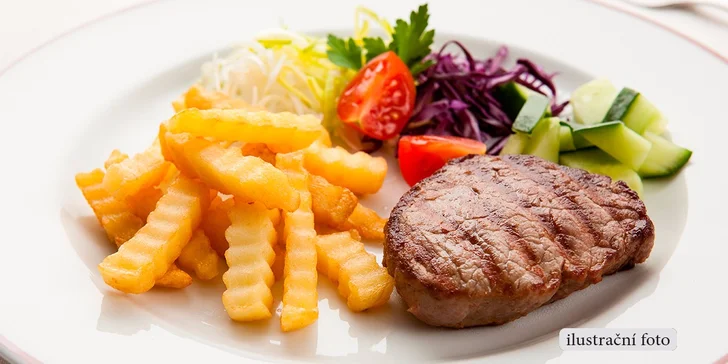 2x 200gramový steak z kotlety s přílohou a dezertem dle výběru