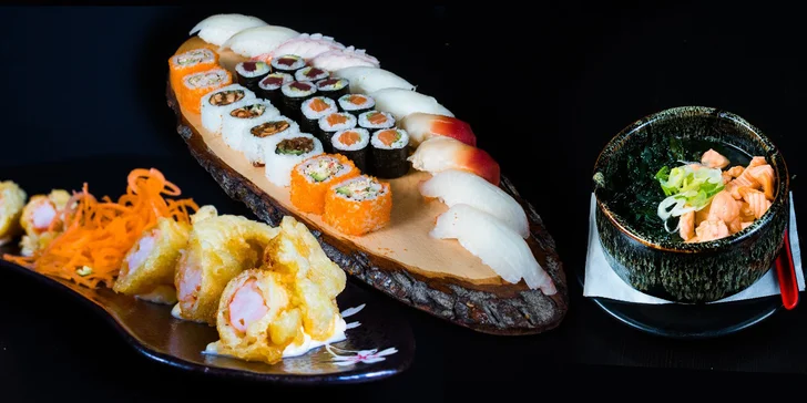 Degustační japonské menu pro 2 osoby: polévka, tempura z krevet, 30 ks sushi