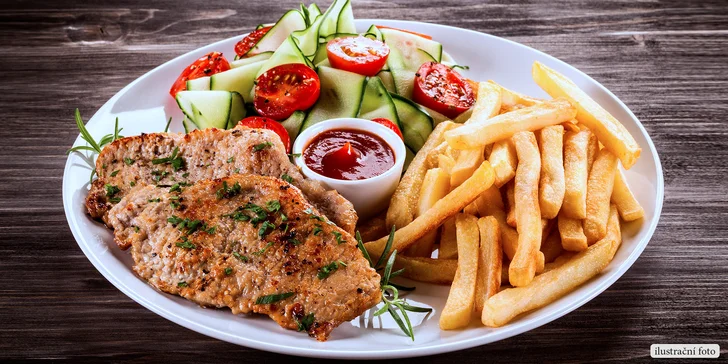 Bašta pro 2 labužníky: 200gramový steak z kotlety, příloha a sladká tečka
