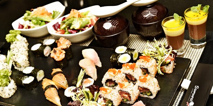 Autentické japonské menu: Polévka, salát, 38 kousků sushi a dezert pro 2