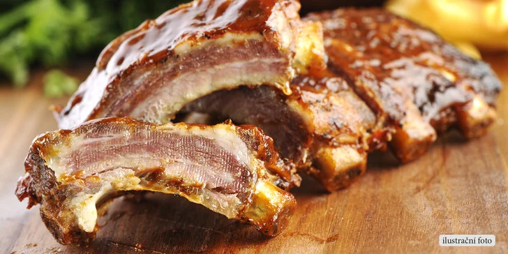 Pečená vepřová žebra v BBQ omáčce a 4x Velkopopovický Kozel z tanku
