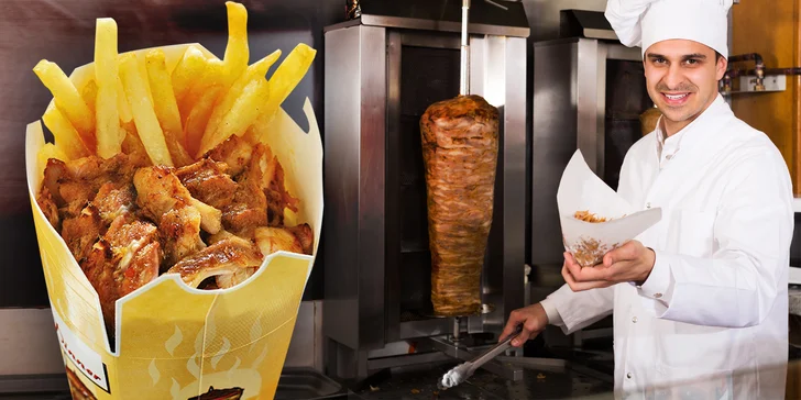 Svačina z grilu: Telecí či kuřecí kebab s hranolky, salátem a dresinkem