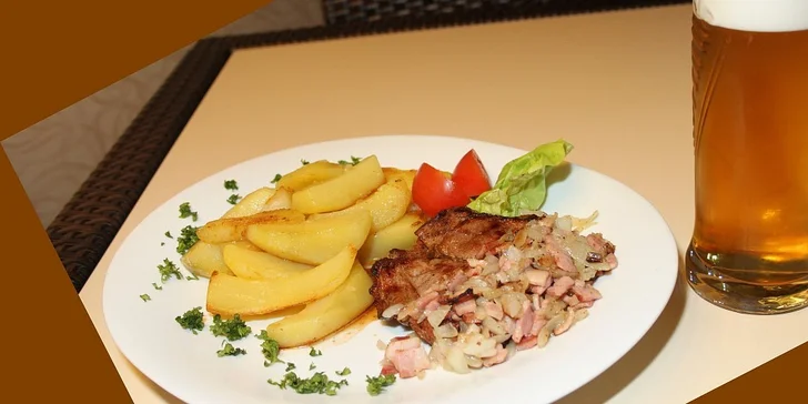 Dřevorubecký steak s americkými brambory a 0,5l 10˚ piva