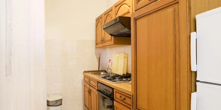 V apartmánu nechybí vybavená kuchyňka s lednicí, troubou, sporákem i nádobím.
