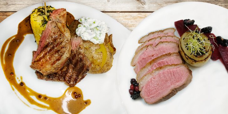 Degustační 3chodové menu pro dva: kachní prsíčko, šťavnatý steak a dezert