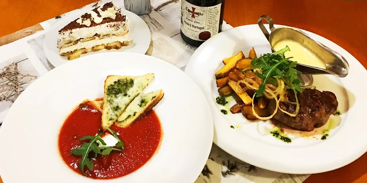 3chodové menu pro 2: tomatový krém, hovězí steak v hlavní roli i dezert