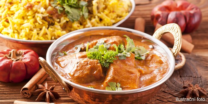 Zdravé menu pro 1 os. v indické restauraci Taj Mahal: hlavní jídlo s přílohou