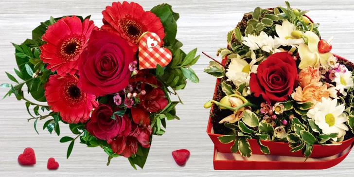 Vyznejte své milé lásku se svazkem růží či romantickou kyticí ve tvaru srdce
