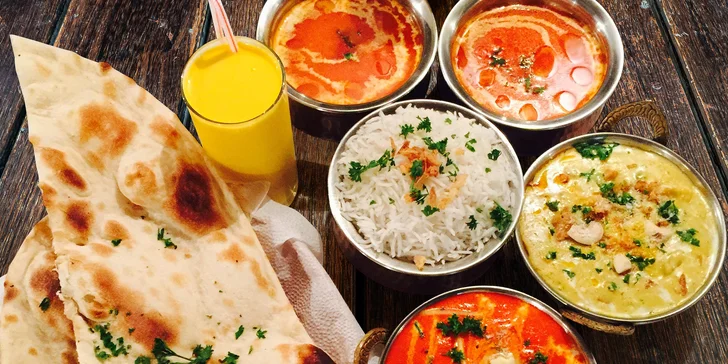 Menu pro 2 v restauraci Taj Mahal - nápoj, polévka a hlavní jídlo s masem i bez