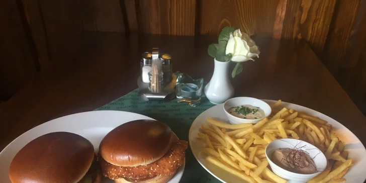 Bašta po americku: Kuřecí nebo hovězí burger, hranolky a domácí omáčky pro dva