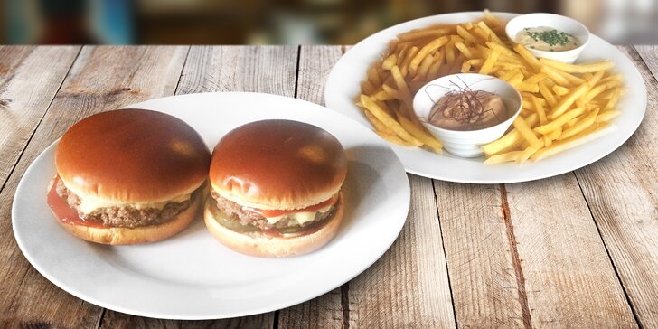 Bašta po americku: Kuřecí nebo hovězí burger, hranolky a domácí omáčky pro dva