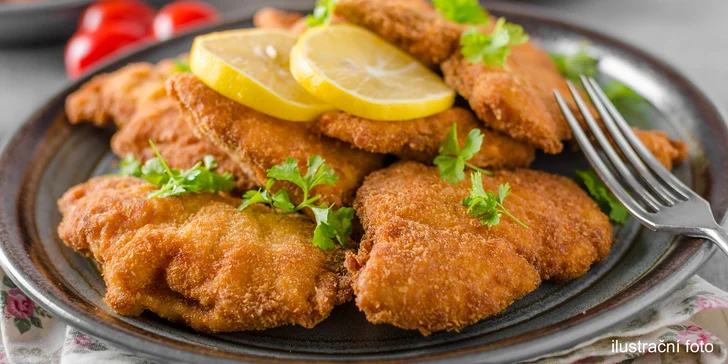 600 nebo 1200 g řízků z kuřecího, vepřového a zvěřiny s pečivem i salátem