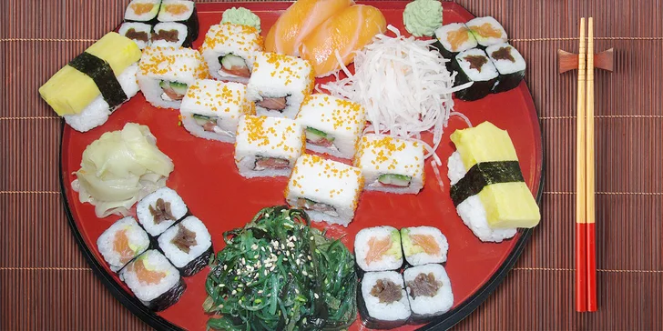 Sushi set s 28 kousky nebo 46 rolek a dvě polévky miso