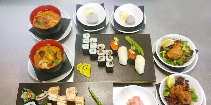 Degustační sushi menu: předkrm, krevetová polévka, 34 kousků sushi a zmrzlina