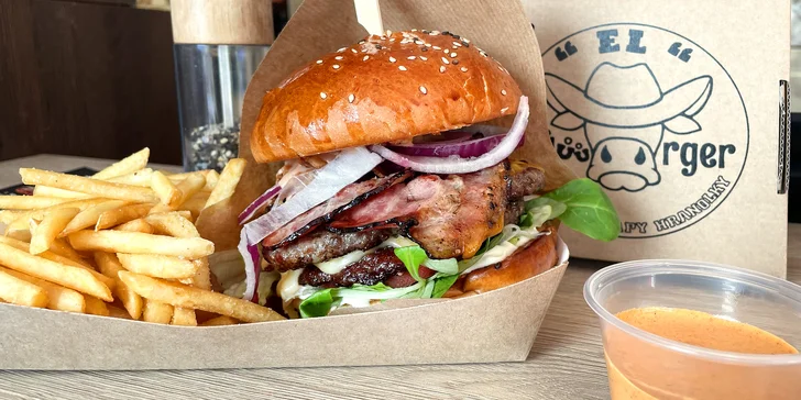 Hovězí cheese and bacon i double burger vč. hranolků a dipu: 1-2 osoby