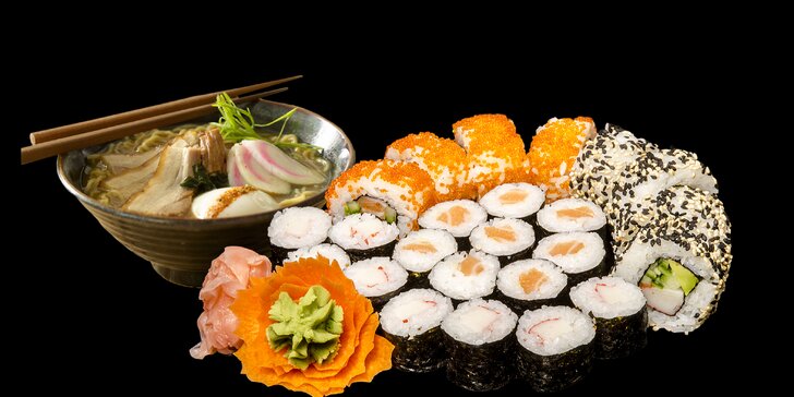 Gurmánský set v autentické sushi restauraci: vydatná polévka ramen a 24 rolek