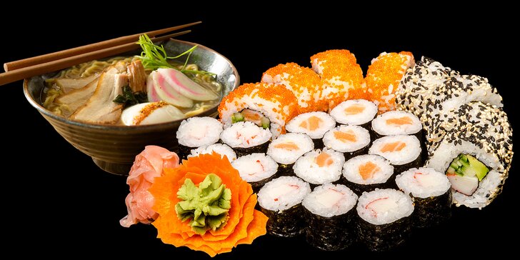 Gurmánský set v autentické sushi restauraci: vydatná polévka ramen a 24 rolek