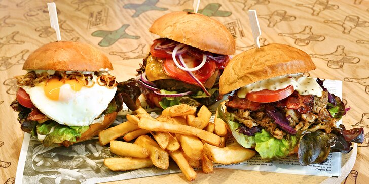 Burgerové menu pro 1, 2 nebo 4 osoby: výběr ze tří burgerů a porce hranolků