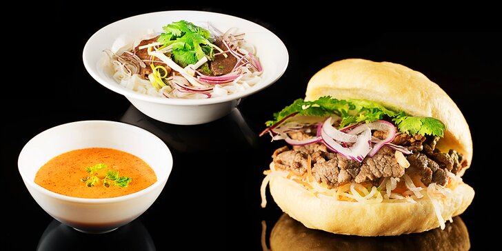 Dvě vietnamské speciality: burger, krevetová polévka Tom Yum i tradiční Pho