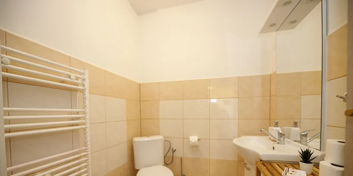 Ke každému pokoji patří vlastní koupelna s toaletou.