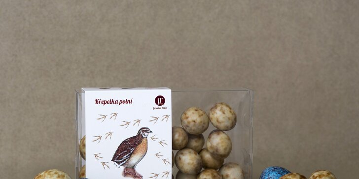 Čokoládová vajíčka s mandlemi v krásných krabičkách s malovanými ptáčky