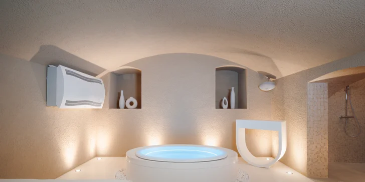 Wellness místnost Dafné je zařízena do světlějšího minimalistického stylu. 