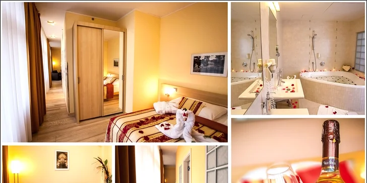 Romantika s porcí luxusu pro 2: Apartmán s jacuzzi a večeří v centru Prahy