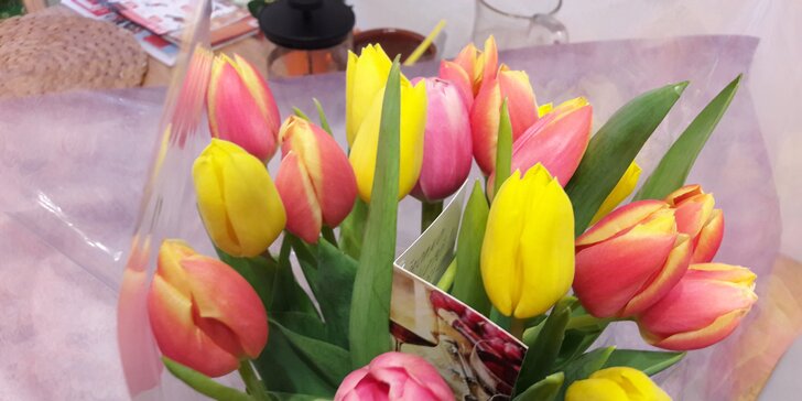 Voňavý barevný pugét holandských tulipánů s možností dopravy.
