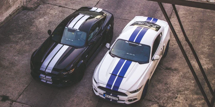 Bílý Mustang je v kompletní úpravě Roush.