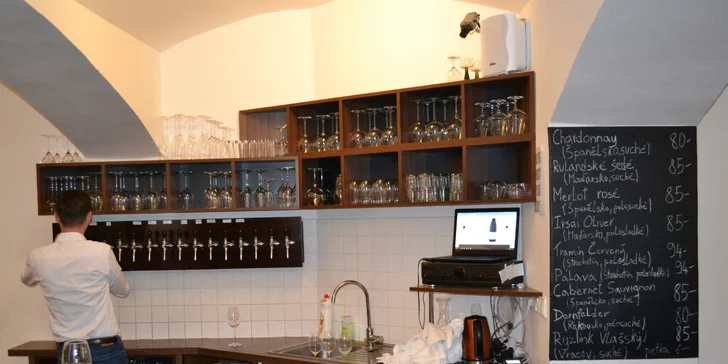 Džbánek kvalitního vína a talíř plný lahůdek ve Wine Studiu na Vinohradech