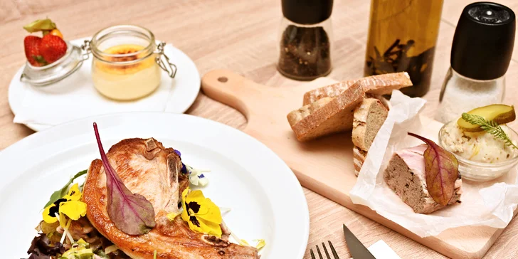 Menu pro 1 či 2 gurmány: Předkrm, kotleta z přeštického prasátka a crème brûlée