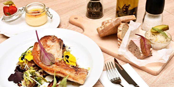 Menu pro 1 či 2 gurmány: Předkrm, kotleta z přeštického prasátka a crème brûlée