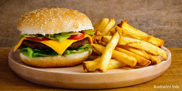 Burger s hovězím a čedarem a porce hranolků pro jednoho nebo dva