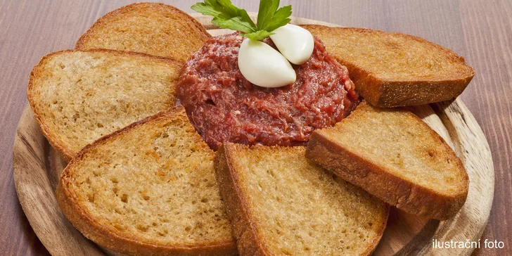 Výborný tatarák z roštěnce – 500g a neomezené množství topinek