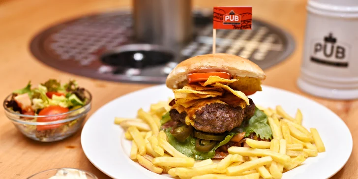Burgerové menu pro jednoho i pár v pubu se samoobslužnými výčepy