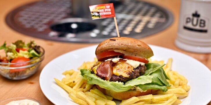Burgerové menu pro jednoho i pár v pubu se samoobslužnými výčepy