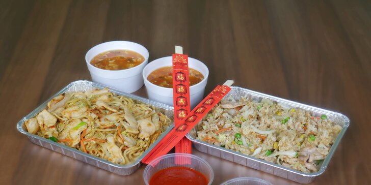 Stylové asijské menu pro 2 až do vašeho obýváku: polévka a hl. jídlo dle výběru