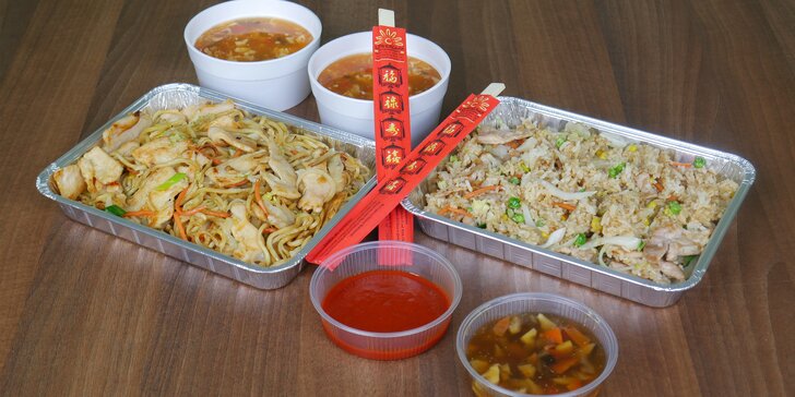 Stylové asijské menu pro 2 až do vašeho obýváku: polévka a hl. jídlo dle výběru